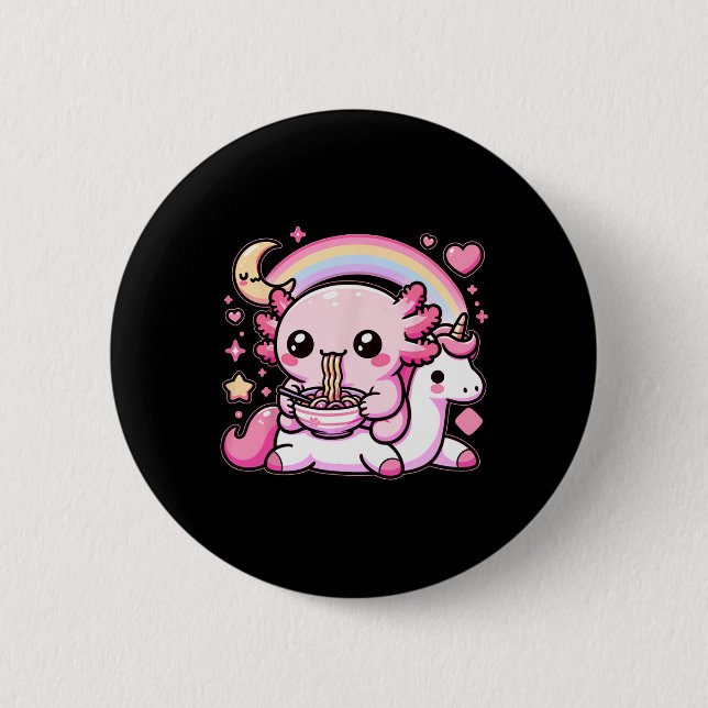 Macaron Rond 5 Cm Anime Kawaii Axolotl Manger Ramen Noodles Enfants  (Devant)