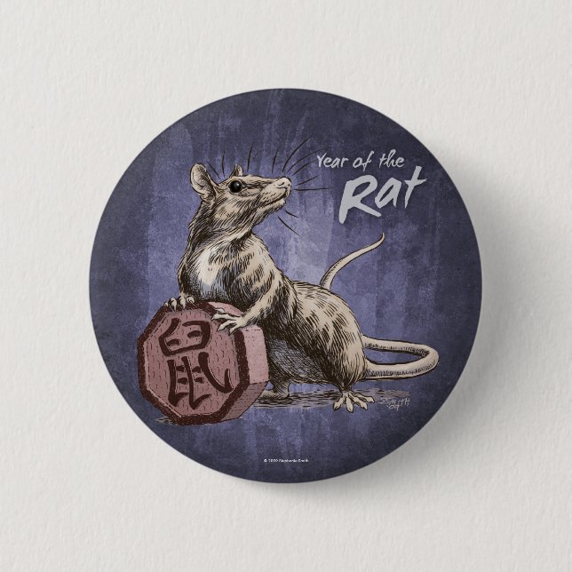 Macaron Rond 5 Cm Année du Rat chinois Zodiac Art (Devant)