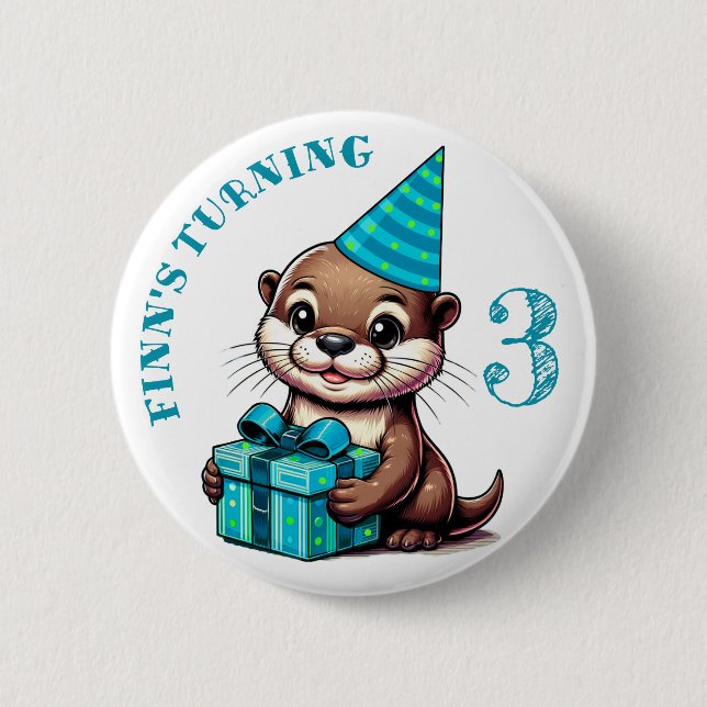 Macaron Rond 5 Cm Anniversaire Boy Otter Thème Anniversaire Personna (Devant)