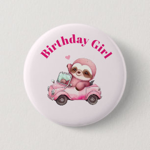 Macaron Rond 5 Cm Anniversaire fille mignonne rose Sloth conduisant 