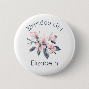 Macaron Rond 5 Cm Anniversaire Fille rose et gris Fleurs Aquarelle