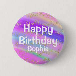 Macaron Rond 5 Cm Anniversaire Licorne Fille Coloré Paillettes Dorée