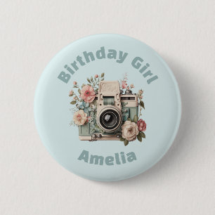 Macaron Rond 5 Cm Appareil photo avec fleurs Fille d'anniversaire Ré