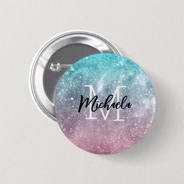 Macaron Rond 5 Cm Aqua blue Pink ombre mer galaxie abstraite Monogra (Devant & derrière)