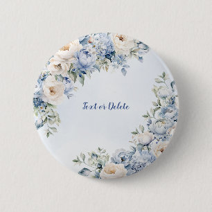 Macaron Rond 5 Cm Aquarelle bleu Dusty Fleurs d'ivoire Feuille