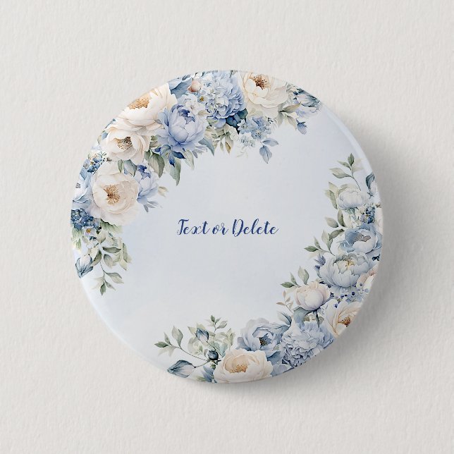 Macaron Rond 5 Cm Aquarelle bleu Dusty Fleurs d'ivoire Feuille (Devant)