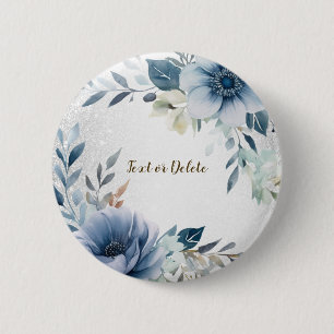 Macaron Rond 5 Cm Aquarelle bleu foncé Fleurs Argent Élégant