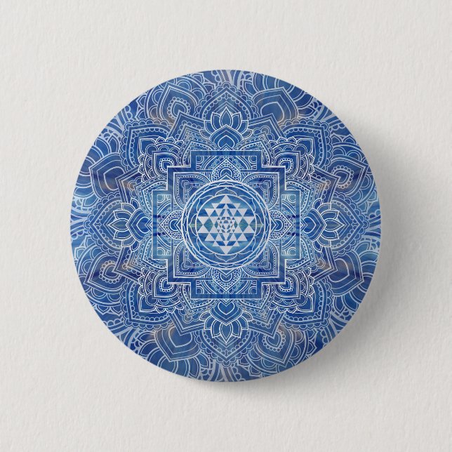 Macaron Rond 5 Cm Aquarelle bleue Sri Yantra / Sri Chakra (Devant)