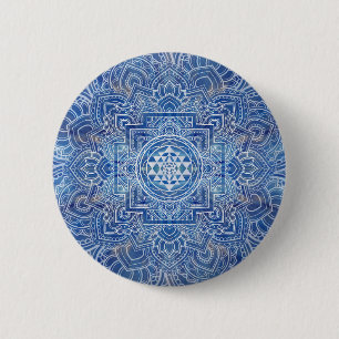 Macaron Rond 5 Cm Aquarelle bleue Sri Yantra / Sri Chakra