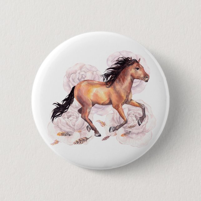 Macaron Rond 5 Cm Aquarelle Cheval Wild Avec Fleurs Boho Arrière - p (Devant)