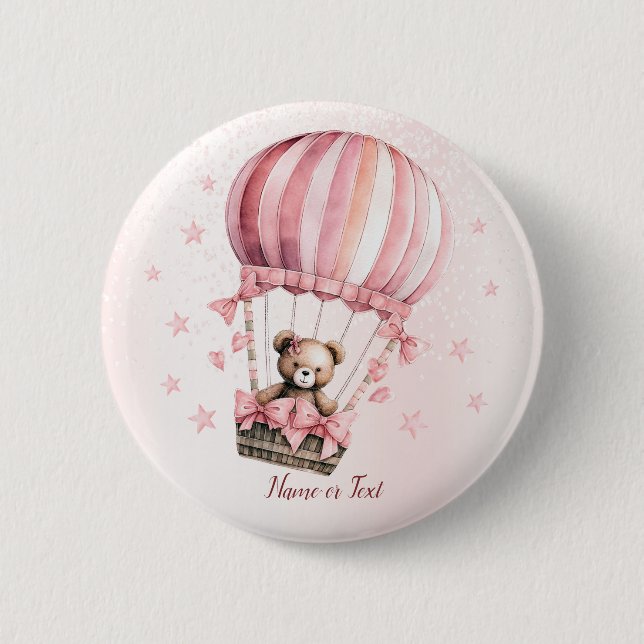 Macaron Rond 5 Cm Aquarelle Cute Rose Teddy Bear Hot Air Balloon (Devant)