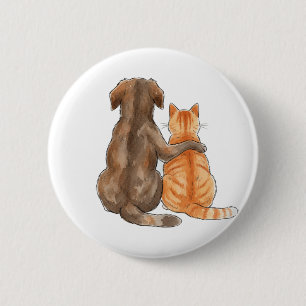Macaron Rond 5 Cm Aquarelle de l'amitié entre chien et chat