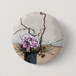 Macaron Rond 5 Cm Aquarelle de vase à hortensia et en bois