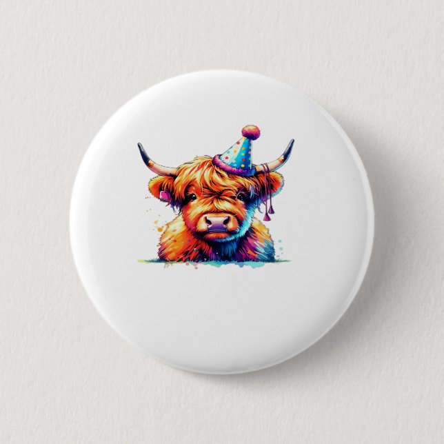 Macaron Rond 5 Cm Aquarelle écossaise Highland Cow Anniversaire Esse (Devant)
