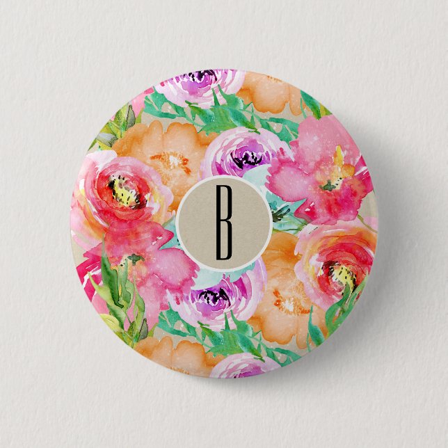 Macaron Rond 5 Cm Aquarelle Florale moderne Kraft Rustique Personnal (Devant)