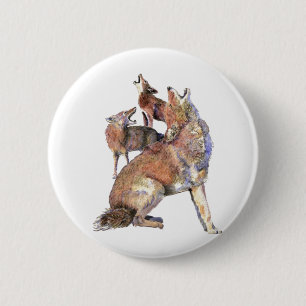 Macaron Rond 5 Cm Aquarelle Howling Coyote Famille Animale