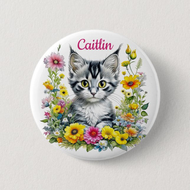 Macaron Rond 5 Cm Aquarelle Kitten en Fleurs Jaunes Personnalisé (Devant)