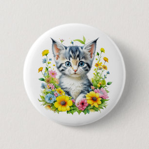 Macaron Rond 5 Cm Aquarelle Kitten Fleurs Noël