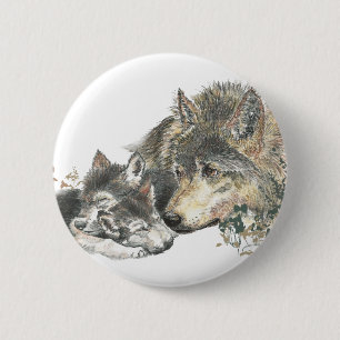 Macaron Rond 5 Cm Aquarelle Mère Wolf & Cubs Animal Art