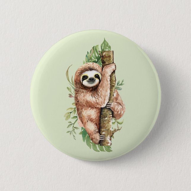 Macaron Rond 5 Cm Aquarelle mignonne Sloth & Feuilles tropicaux (Devant)