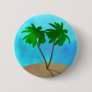 Macaron Rond 5 Cm Aquarelle Palm Tree Beach Scene Collage
