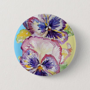 Macaron Rond 5 Cm Aquarelle Pansy Motif sur rose et jaune pâle