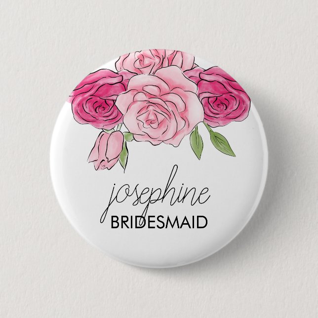 Macaron Rond 5 Cm Aquarelle rose Roses Bridal Bouton de la servante (Devant)