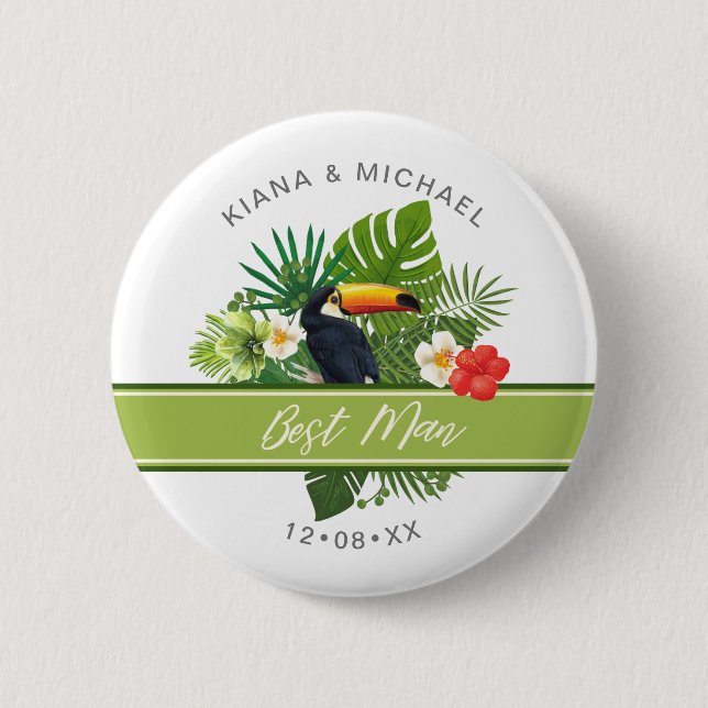 Macaron Rond 5 Cm Aquarelle Tropical avec Toucan Best Man Green ID57 (Devant)