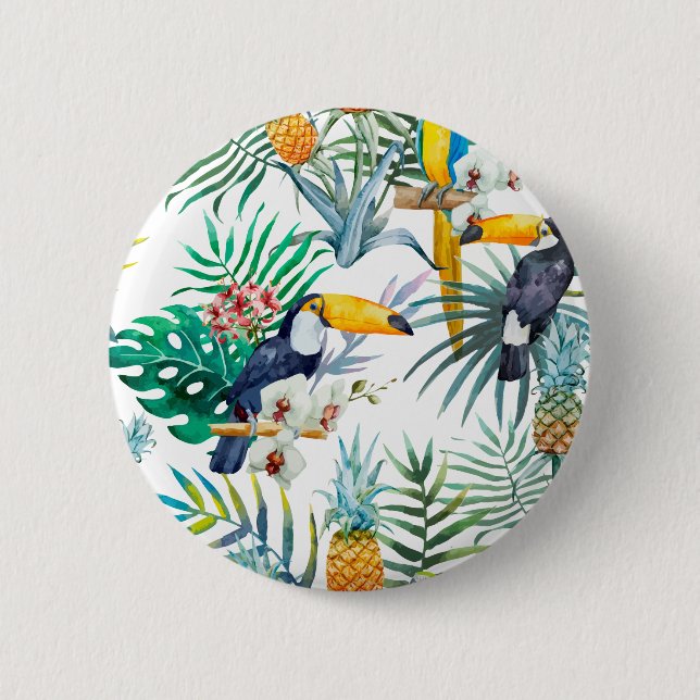 Macaron Rond 5 Cm Aquarelle tropicale d'oiseau de perroquet d'ananas (Devant)