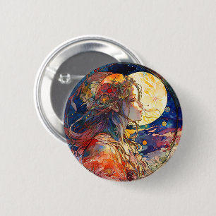 Macaron Rond 5 Cm Aquarelle vibrante du bouton Fille et Lune