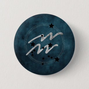 Macaron Rond 5 Cm Aquarius zodiac constellation noire et argent turq