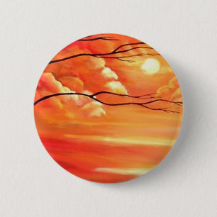 Macaron Rond 5 Cm Arbre Abstrait et coucher de soleil rouge