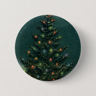 Macaron Rond 5 Cm Arbre de Noël Vintage à la nuit avec lumières