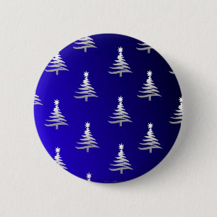 Macaron Rond 5 Cm Arbres de Noël Argent sur Bleu Cobalt