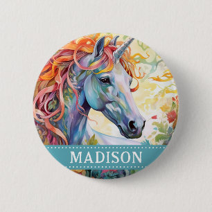 Macaron Rond 5 Cm Arc-en-ciel Unicorn Bouton avec nom personnalisé