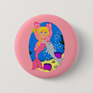 Macaron Rond 5 Cm Ariel the Pink Merfaery and Dolphin Button