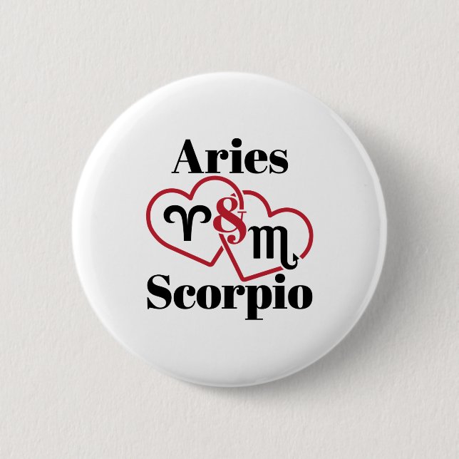 Macaron Rond 5 Cm Aries et Scorpio Couple Zodiac Astrologie Coeurs (Devant)