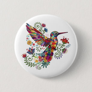 Macaron Rond 5 Cm Art d'aquarelle de colibri floral coloré