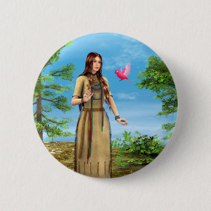 Macaron Rond 5 Cm Art de femme amérindienne forêt oiseau