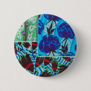 Macaron Rond 5 Cm Art floral bleu et vert maximaliste vibrant