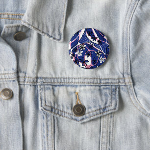 Macaron Rond 5 Cm Art floral neuro maximaliste - Bleu rose blanc