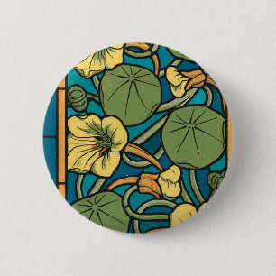 Macaron Rond 5 Cm Art Nouveau Nasturtium Bleu Or floral Verneuil