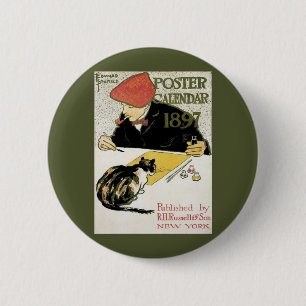 Macaron Rond 5 Cm Art Nouveau vintage, artiste peignant avec un chat