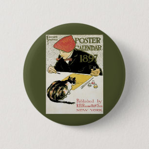 Macaron Rond 5 Cm Art Nouveau vintage, Peinture Artiste avec chat an