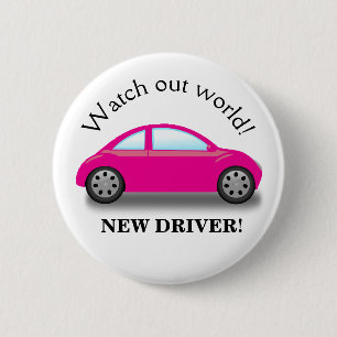 Macaron Rond 5 Cm Attention Monde Nouveau Conducteur Voiture Rose