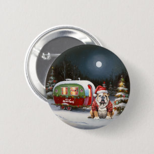 Macaron Rond 5 Cm Aventure de Noël de la Caravane Bulldog d'Hiver