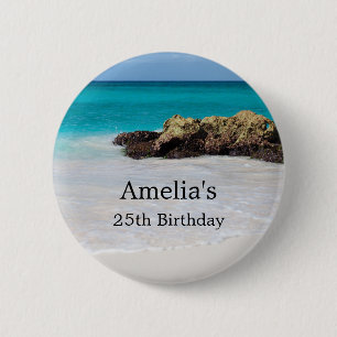 Macaron Rond 5 Cm Azure Ocean Sandy Beach Photo Anniversaire