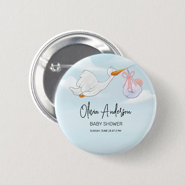 Macaron Rond 5 Cm Baby Boy Blue Stork Boho Baby shower Invitation (Devant & derrière)