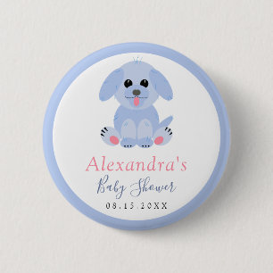 Macaron Rond 5 Cm Baby Boy Shower Blue Puppy Personnalisé