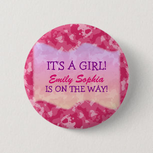 Macaron Rond 5 Cm Baby Girl - Camo rose Baby shower à thème